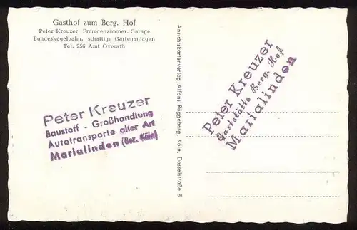 ÄLTERE POSTKARTE MARIALINDEN GASTHOF ZUM BERGISCHEN HOF Inh. Peter Kreuzer Baustoff Grosshandlung Autotransporte Overath