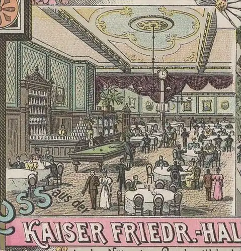 ALTE LITHO POSTKARTE GRUSS AUS DER KAISER FRIEDRICH HALLE NÄHE DER LAMBERTIKIRCHE ALTERFISCHMARKT MÜNSTER I.W. Billard