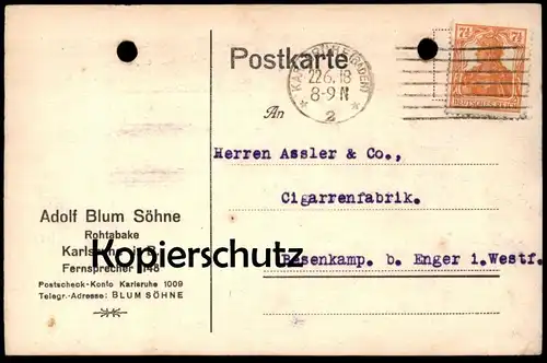 ALTE FIRMEN POSTKARTE KARLSRUHE FIRMA ADOLF BLUM ROHTABAKE NACH ASSLER BESENKAMP ENGER Tabak tobacco tabac cpa postcard