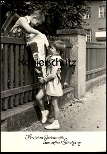 ÄLTERE POSTKARTE HERZLICHEN GLÜCKWUNSCH ZUM ERSTEN SCHULGANG Schultüte Einschulung DDR Briefmarke Vollblutmeeting Pferd