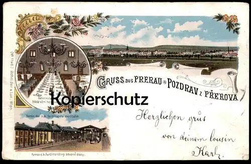 ALTE LITHO POSTKARTE GRUSS AUS PRERAU POZDRAV Z PREROVA BAHNHOF NORDBAHN BAHNRESTAURATION gare station AK cpa postcard