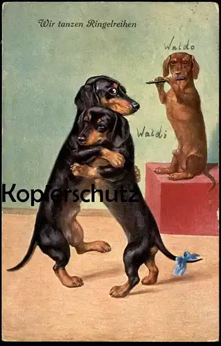 ALTE POSTKARTE WIR TANZEN RINGELREIHEN Dackel vermenschlicht Dachshund teckel dancing dog chien postcard Ansichtskarte