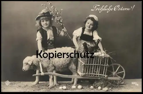 ALTE POSTKARTE FRÖHLICHE OSTERN KINDER SCHAF MIT KARREN Huhn sheep children child easter postcard Ansichtskarte cpa AK