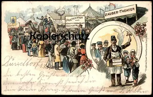 ALTE LITHO POSTKARTE MÜNCHEN PSCHORR-BRÄU POSTKARTEN ROSENBLATT KAMEL WÜRSTCHEN ZAUBER-THEATER Zauberer Kirmes fair