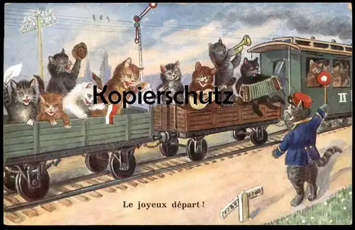 ALTE POSTKARTE KATZEN FAHREN ZUG le joyeux départ cat cats chat chats train Schaffner Katze conductor controleur music