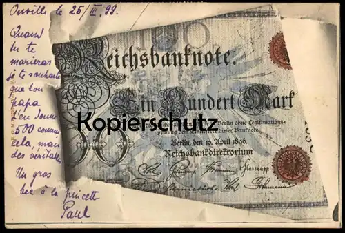 ALTE POSTKARTE GELDSCHEIN REICHSBANKNOTE 100 MARK REICHSBANK BERLIN 1896 money monnaie billet de banque bank note Geld