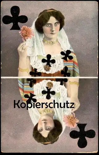 ALTE POSTKARTE KREUZ-DAME SPIELKARTE FRAU KARTENSPIEL ROSE WOMAN FEMME clubs playing trèfle Schmuck bijoux jewellery cpa