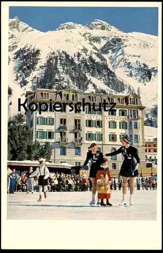 ÄLTERE POSTKARTE KLAINGUTIS HOTEL LANGUARD PONTRESINA ice skating patinage de vitesse Eislaufen Kanton Graubünden Tracht