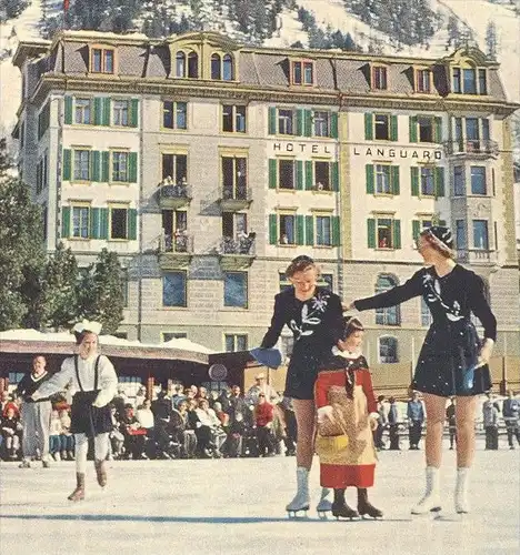 ÄLTERE POSTKARTE KLAINGUTIS HOTEL LANGUARD PONTRESINA ice skating patinage de vitesse Eislaufen Kanton Graubünden Tracht