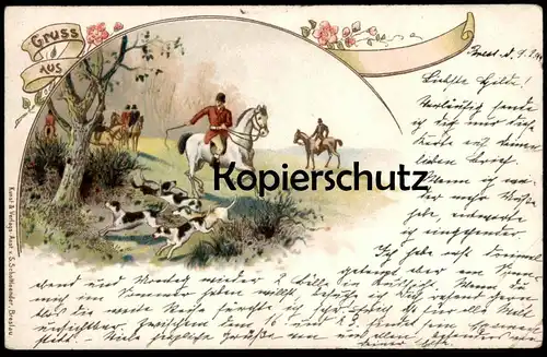 ALTE KÜNSTLER LITHO POSTKARTE JAGD HUNTING BEAGLE HORSE Horses Chasse cheval Pferde Pferd hunt Schottlaender Breslau cpa