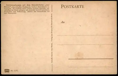 ALTE POSTKARTE ASSMANNSHAUSEN MIT KÜNSTLERHEIM ZUR KRONE ASTUDIN Rüdesheim Hoursch & Bechstedt Köln postcard cpa