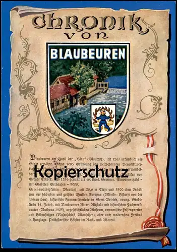 POSTKARTE CHRONIK VON BLAUBEUREN WAPPEN & GESCHICHTE STEMPEL 700 JAHRE 1967 Chronikkarte chronique chronicle storycard