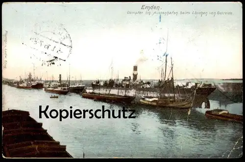 ALTE POSTKARTE EMDEN DAMPFER IM AUSSENHAFEN BEIM LÖSCHEN VON GETREIDE steamship bateau à vapeur cpa postcard corn cereal