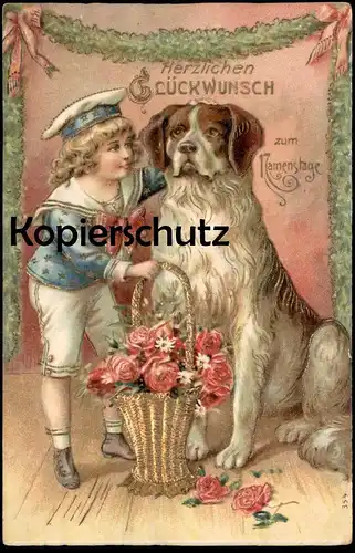 ALTE PRÄGE POSTKARTE BERNHARDINER 1908 Saint Bernard Matrose Hund dog chien Namenstag embossed cpa vergoldet