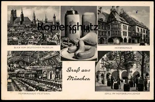 ALTE POSTKARTE GRUSS AUS MÜNCHEN WEISSWURST BIER IDYLL IM HOFBRÄUHAUSHOF FESTSAAL beer Ansichtskarte AK postcard cpa