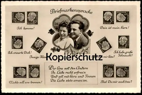 ÄLTERE POSTKARTE BRIEFMARKENSPRACHE Briefmarke couple Briefmarken postage stamp stamps timbre langage timbres shamrock