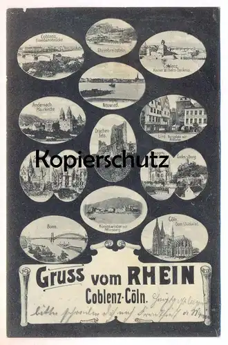 ALTE POSTKARTE GRUSS VOM RHEIN COBLENZ CÖLN MIKROSKOPKARTE Neuwied Andernach Linz Drachenburg Remagen Bonn Königswinter