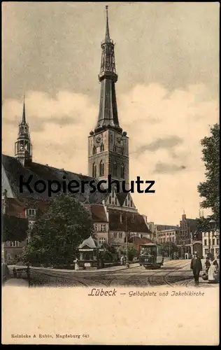 ALTE POSTKARTE LÜBECK GEIBELPLATZ & JAKOBIKIRCHE STRASSENBAHN LINIE 27 church Kiosk Tram Tramway Ansichtskarte AK cpa