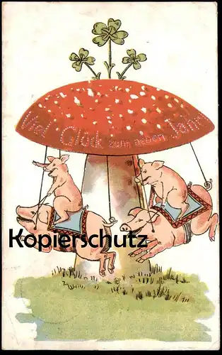 ALTE POSTKARTE VIEL GLÜCK ZUM NEUEN JAHR FLIEGENPILZ SCHWEINE KARUSSELL fly agaric chairoplane carousel carrousel pig