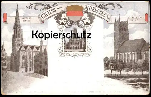 ALTE POSTKARTE GRUSS AUS MÜNSTER LAMBERTIKIRCHE RATHAUS LIEBFRAUENKIRCHE Wappen Blason Kirche Kirchen Church église cpa