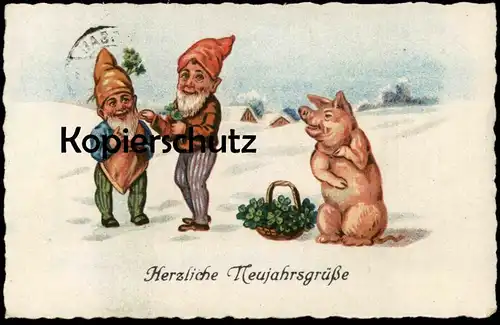 ALTE POSTKARTE ZWERGE & SCHWEIN NEUJAHRSGRÜSSE Zwerg Neujahr New Year Bonne année dwarf midget pig nain porc Gnom cpa