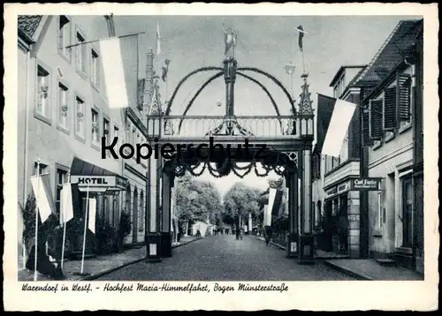 ALTE POSTKARTE WARENDORF HOCHFEST MARIA-HIMMELFAHRT BOGEN MÜNSTERSTRASSE CARL FUNKE UHREN SCHMUCK Flagge Flag Drapeau