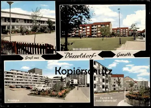 ÄLTERE POSTKARTE DÜSSELDORF-GARATH SCHULE WILHELM-KREISS-STRASSE PETER-BEHRENS-STRASSE ÄRZTEHAUS VW Volkswagen Käfer