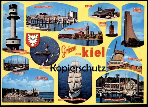 POSTKARTE GRÜSSE AUS KIEL U-Boot 995 Marine Ehrenmal Leuchtturm Leuchtfeuer Oslo-Kai Yacht Club Ansichtskarte AK cpa