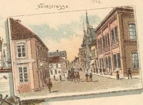 ALTE LITHO POSTKARTE GRUSS AUS LEER 1895 C. FR. SAUL MÜHLENSTRASSE KRIEGERDENKMAL NEUESTRASSE HAFEN Verlag Rosenblatt