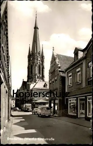 ÄLTERE POSTKARTE EMSDETTEN KIRCHSTRASSE VW BUS PIASTEN KÄFER LKW LANVERS & SOHN BUCHDRUCKEREI HOLLÄNDER AK postcard