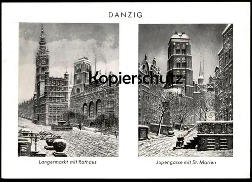 ÄLTERE POSTKARTE DANZIG GDANSK LANGERMARKT MIT RATHAUS JOPENGASSE MIT ST. MARIEN RADIERUNG PAUL KREISEL Winter postcard