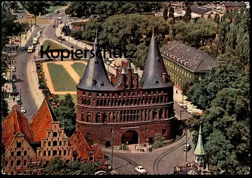 ÄLTERE POSTKARTE LÜBECK BLICK AUF HOLSTENTOR & SALZSPEICHER LUFTBILD TOR 1963 Gate Porte cpa postcard AK Ansichtskarte