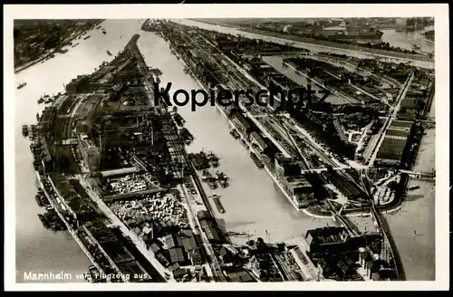 ALTE POSTKARTE MANNHEIM VOM FLUGZEUG HAFEN FRACHTSCHIFF ZUG Harbour Cargo Steam Ship Train Dampfschiff Fliegeraufnahme