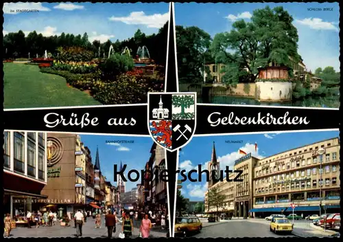 ÄLTERE POSTKARTE GRÜSSE AUS GELSENKIRCHEN WAPPEN NEUMARKT IM STADTGARTEN BAHNHOFSTRASSE SCHLOSS BERGE postcard