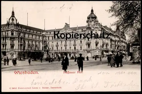 ALTE POSTKARTE WIESBADEN NASSAUER HOF LITFASSSÄULE PLAKAT ZU EREIGNISSEN IN DER REICHSHALLEN Reklame advertising pillar