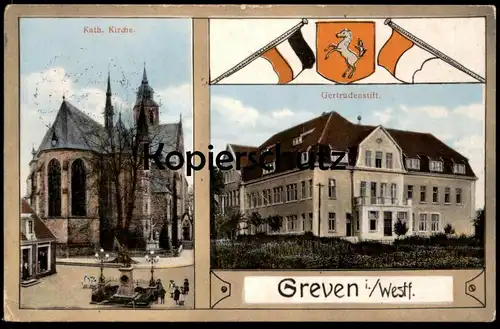 ALTE JUGENDSTIL POSTKARTE GREVEN GERTRUDENSTIFT KATHOLISCHE KIRCHE WAPPEN FLAGGEN Ansichtskarte AK cpa postcard