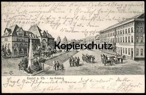 ALTE LITHO POSTKARTE KASTEL AM RHEIN AM BAHNHOF MAINZ KUTSCHEN BAHNHOF HOTEL gare station Ansichtskarte cpa postcard AK