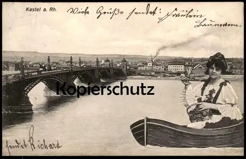 ALTE POSTKARTE MAINZ KASTEL AM RHEIN WEINKÖNIGIN AUF BOOT FRAU Rheinwein Ansichtskarte cpa postcard AK