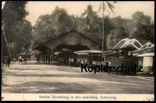 ALTE POSTKARTE STATION DJOMBLANG IN DEN NAMIDDAG SEMARANG JAVA Nederlands Indie steam train locomotive Lok Zug Bahnhof