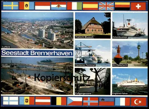 ÄLTERE POSTKARTE SEESTADT BREMERHAVEN FAHRGASTSCHIFF DOCKANLAGE CONTAINER TERMINAL Flaggen flags Hafen port postcard cpa