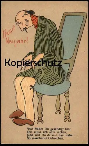 ALTE POSTKARTE PROSIT NEUJAHR SÜNDE ALTER GEBRECHEN KRANKHEITEN age illness maladie disease Humor humour postcard cpa AK