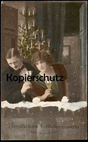 ALTE POSTKARTE PAAR EHEPAAR SEKT GESCHMÜCKTER WEIHNACHTSBAUM GLÜCKWUNSCH ZUM NEUEN JAHR 1917 couple Ansichtskarte cpa AK