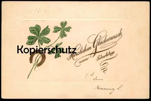 ALTE PRÄGE POSTKARTE HERZLICHEN GLÜCKWUNSCH ZUM GEBURTSTAGE KLEEBLATT HUFEISEN horseshoe shamrock 1902 Ansichtskarte AK