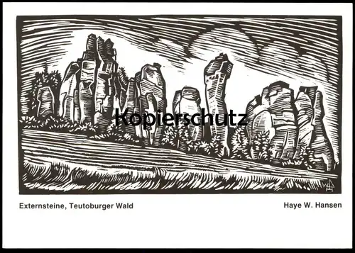 ÄLTERE KÜNSTLER POSTKARTE EXTERNSTEINE TEUTOBURGER WALD KULTSTÄTTE LINOLSCHNITT HAYE W. HANSEN Horn-Bad Meinberg Detmold