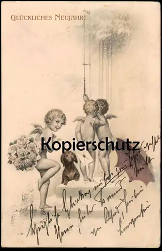 ALTE POSTKARTE DACKEL ENGEL PUTTEN LIEBESBRIEF NEUJAHR Schirm umbrella parapluie nude angel teckel basset dachshund dog