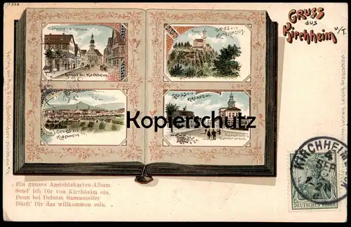 ALTE LITHO POSTKARTE GRUSS AUS KIRCHHEIM U. TECK ANSICHTSKARTENALBUM POSTKARTENALBUM BAHNHOFSTRASSE POSTGEBÄUDE AK cpa