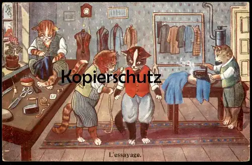 ALTE POSTKARTE L'ESSAYAGE VERMENSCHLICHTE KATZEN ANPROBE KATZE CAT chats humanized cats Tailleur Schneider Dressmaker