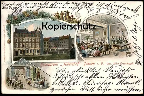 ALTE LITHO POSTKARTE RESTAURANT ALBERTHOF PLAUEN IM VOGTLAND BESITZER ALBIN GROSCHUPP Billard billiard Ansichtskarte AK