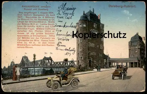 ALTE POSTKARTE DUISBURG RUHRORT RHEINBRÜCKE ALTE AUTOS OLDTIMER Auto car voiture montage photo Beschreibung Brücke 1904