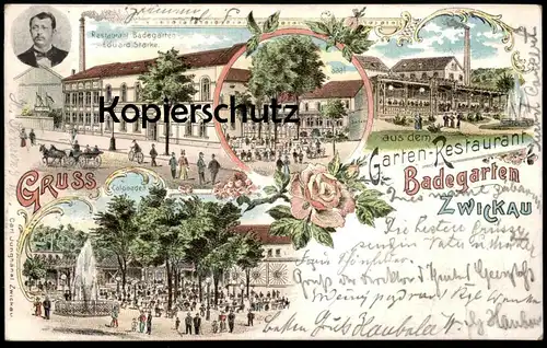 ALTE LITHO POSTKARTE GRUSS AUS DEM GARTEN-RESTAURANT BADEGARTEN ZWICKAU E. STARKE SIGN. PFARRER GROHMANN Anischtskarte